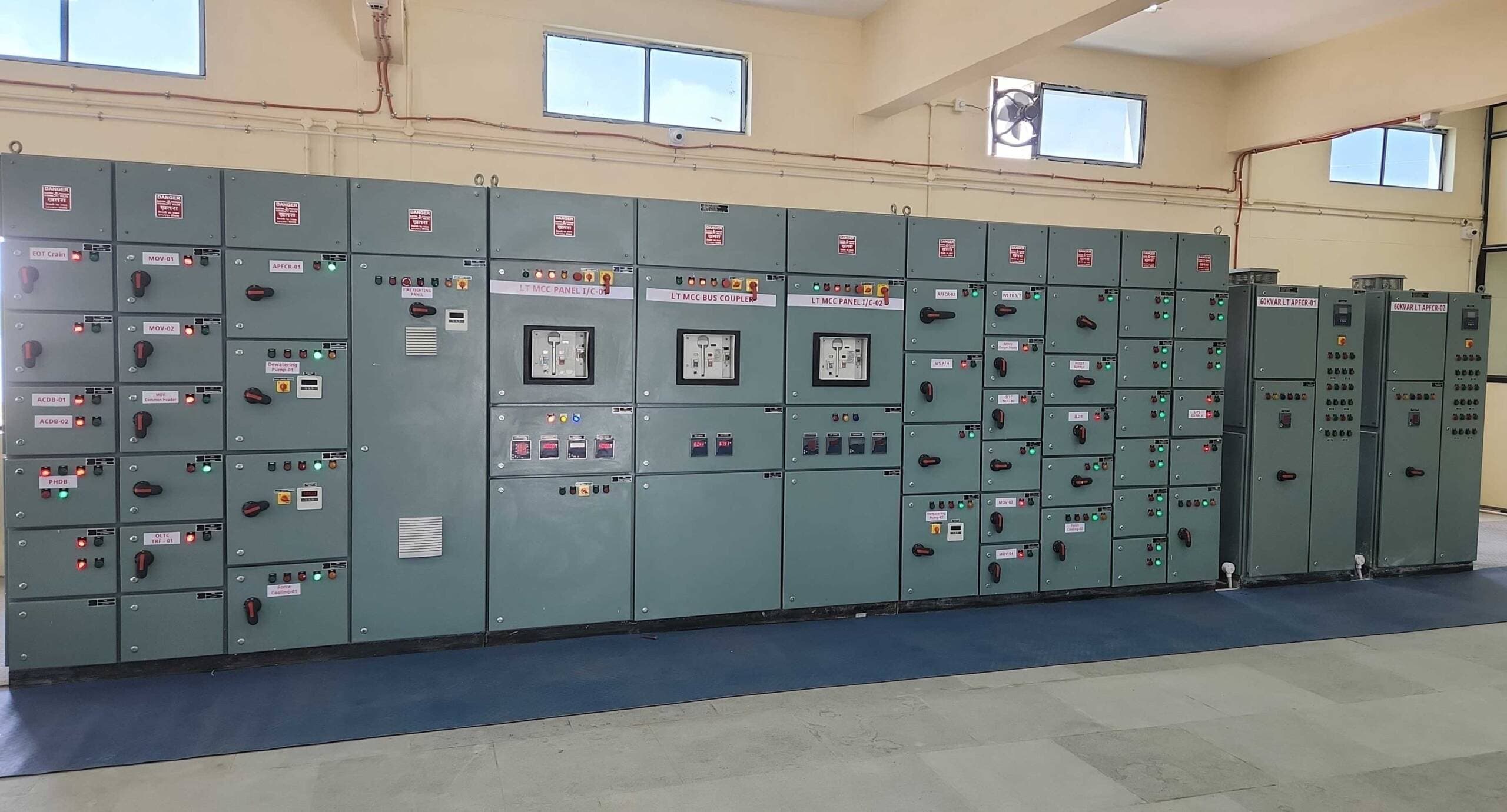 Installed LT MCC and APFC switchboard lineup with labelled feeder compartments