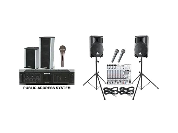 Public address amplifier, mixer, microphones and speakers on stands