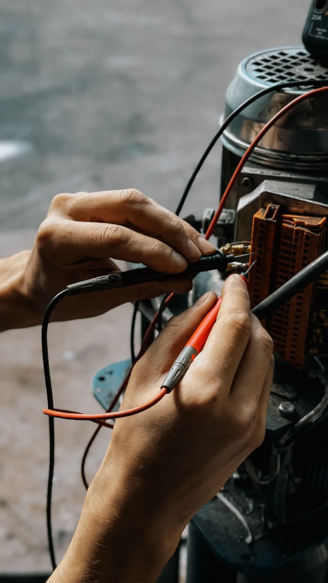 Technician testing the winding leads of an electric motor