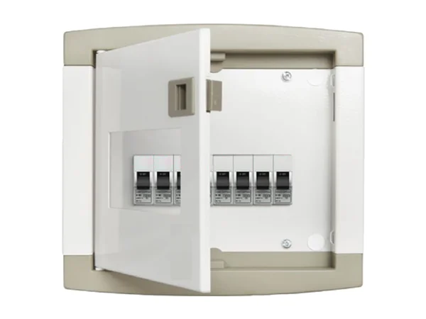 Wall-mounted distribution board with the door open